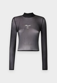 Black long-sleeve cropped top in sheer material featuring a high neck and embroidered text "Thanks OK Bye" on the front.