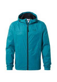 Teal waterproof jacket with a front zipper, adjustable hood, elastic cuffs, and a subtle logo. Smooth, lightweight fabric with a matte finish.