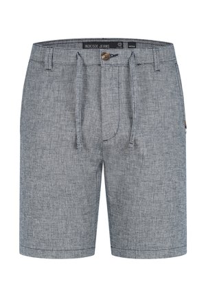 Graue gewebte Shorts mit einem Kordelzugbund, Knopfverschluss, Eingrifftaschen und subtilem Fischgrätmuster.