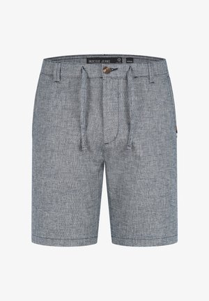 Graue gewebte Shorts mit einem Kordelzugbund, Knopfverschluss, Eingrifftaschen und subtilem Fischgrätmuster.