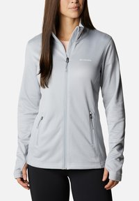 Hellgraue Zip-Jacke aus strukturiertem Material, mit zwei seitlichen Taschen und taillierter Passform. Verfügt über einen Stehkragen und Daumenlöcher in den Ärmeln.