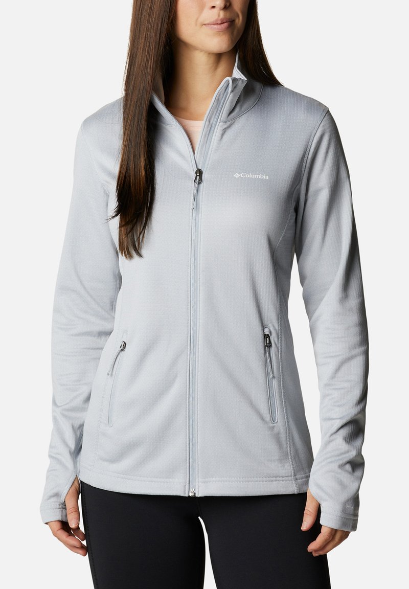 Hellgraue Zip-Jacke aus strukturiertem Material, mit zwei seitlichen Taschen und taillierter Passform. Verfügt über einen Stehkragen und Daumenlöcher in den Ärmeln.