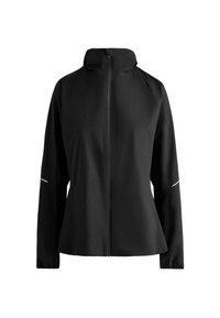 Čierna dlhá bunda na zips s vysokým golierom a reflexnými pruhmi na rukávoch, elastické manžety, zobrazená na bielom pozadí.