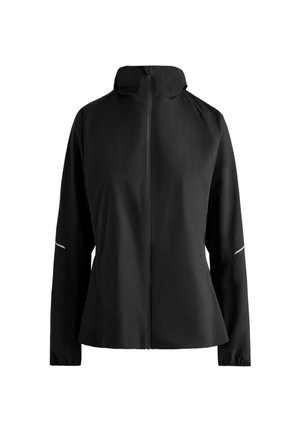 Črna dolga zip-up jakna z visokim ovratnikom in odsevnimi črtami na rokavih, z elastičnimi manšetami, prikazana na beli podlagi.