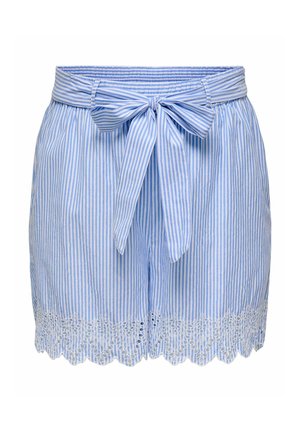 Hele sinise ja valge vertikaalsete triipudega lühikesed püksid, millel on seotud lipsuvöö ja pitsiline laineline äärekujundus.