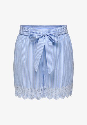 Hele sinise ja valge vertikaalsete triipudega lühikesed püksid, millel on seotud lipsuvöö ja pitsiline laineline äärekujundus.