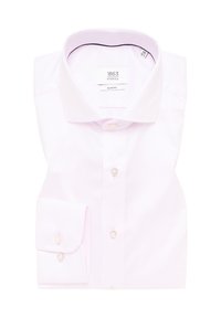 Camicia slim-fit rosa chiaro con colletto a punta, chiusura a bottoni e un solo polsino. Presenta una texture liscia e una leggera lucentezza.
