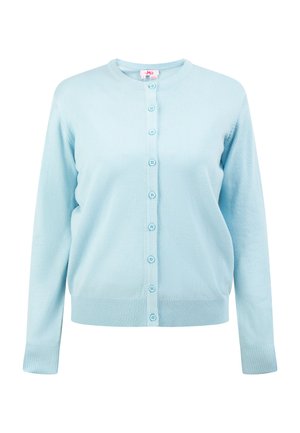 Lyseblå, knappet cardigan lavet af blødt materiale. Har rund hals, lange ærmer og ribbede manchetter og kant.