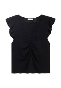 Top nero con maniche corte a volant, scollatura a V profonda e dettaglio arricciato davanti. Realizzato in tessuto leggero con una finitura testurizzata.