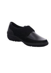 Black shoe with a soft suede upper and leather accents. Features a slip-on design and cushioned sole for comfort. Smooth texture.