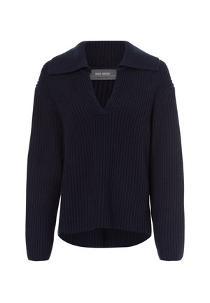 Marineblauer gerippter Strickpullover mit V-Ausschnitt und weitem Kragen, verfügt über lange Ärmel, seitliche Schlitze und einen leicht verlängerten hinteren Saum.