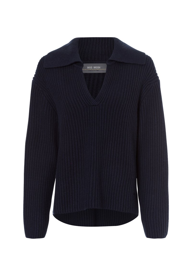 Marineblauer gerippter Strickpullover mit V-Ausschnitt und weitem Kragen, verfügt über lange Ärmel, seitliche Schlitze und einen leicht verlängerten hinteren Saum.