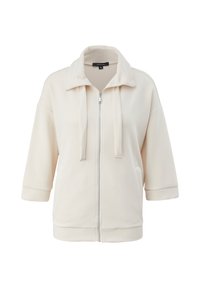 Lys beige zip-up jakke lavet af blødt stof, med en bred krave, snore og cropped ærmer. Enkel design uden mønstre.