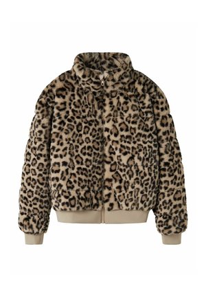 Giacca in ecopelliccia con stampa leopardata, chiusura con zip frontale completa, collo alto, maniche lunghe e polsini e orlo a coste beige.