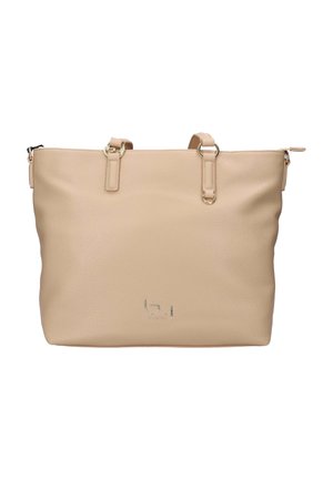Borsa tote in pelle beige con doppio manico, dettagli dorati e piccolo logo argento al centro vicino al fondo.