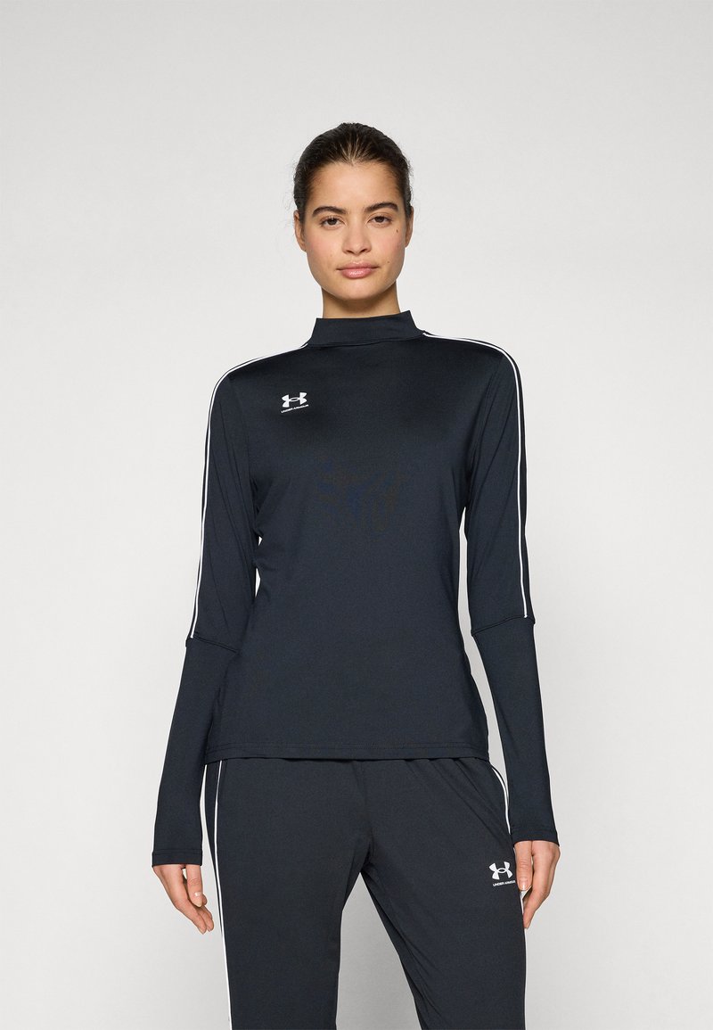 Black long-sleeve athletic top with a high collar, featuring white side stripes and a small logo on the left chest. Smooth, fitted fabric.