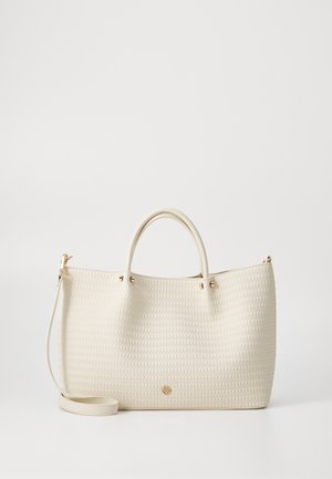 White textured tote bag with two handles, gold hardware accents, and an optional shoulder strap. Smooth interior. No visible patterns.