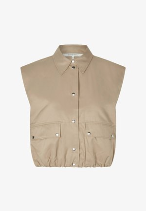 Beez värvi ilma varrukateta särk suure kraega, hõbedased pressnöörid, kaks esitaskut ja kootud alumine äär. Sile kangastekstuuri.