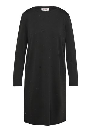 Schwarzes Langarmkleid aus weichem Stoff, mit verstreuten Strasssteinverzierungen auf der Vorderseite, rundem Halsausschnitt und lockerer Passform.