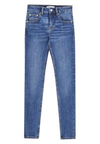 Jean skinny en denim bleu moyen, avec cinq poches, coutures contrastées et fermeture éclair. Texture lisse.