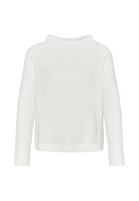 Witte gebreide langemouwen top met een honingraatstructuur, ronde halslijn en een iets verkorte zoom. Zacht materiaal met een comfortabele pasvorm.