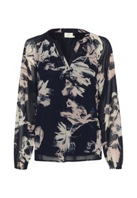 Tummansininen kukkablouse, jossa on pitkät läpinäkyvät hihat, V-pääntie, kolme nappia ja väljä istuvuus kevyellä rakenteella ja vaaleanpunais-valkoisilla kukkakuoseilla.