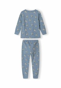 Set de pijamale din bumbac format din două piese, cu un top cu mâneci lungi și pantaloni, ambele de culoare albastră deschisă și decorate cu imprimeuri jucăușe de animale, având un brâu elastic.