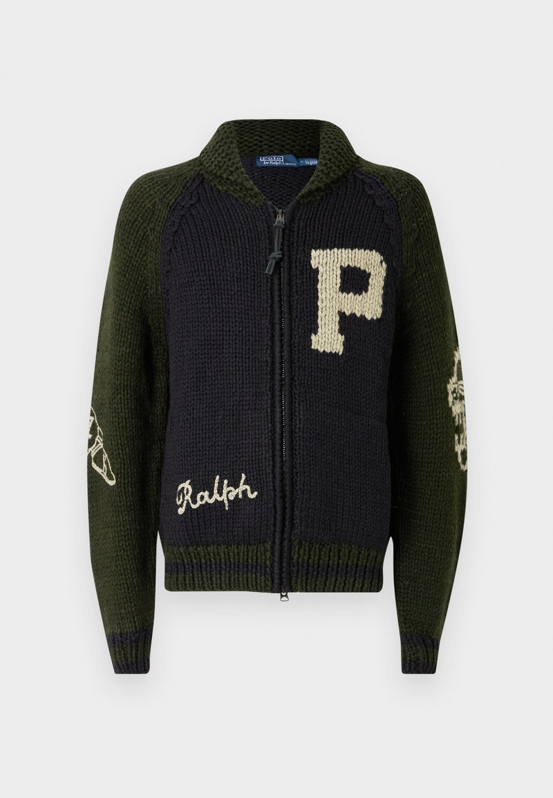 Cardigan tricoté en vert foncé et bleu marine, doté d'une fermeture éclair, d'un grand logo "P" et d'une signature sur le devant. Tissu texturé avec manches à motif.