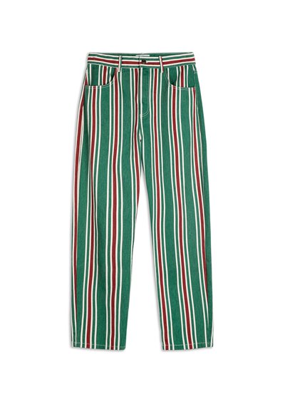 Zelené pruhované nohavice s červenými a bielymi vertikálnymi pruhmi, s vysokým pásom, rovný strih a štandardný dizajn s piatimi vreckami.