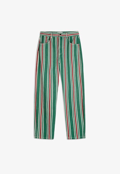 Zelené pruhované nohavice s červenými a bielymi vertikálnymi pruhmi, s vysokým pásom, rovný strih a štandardný dizajn s piatimi vreckami.
