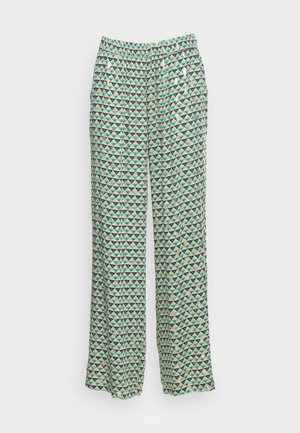 Printed wide-leg trousers featuring a geometric pattern of green, blue, and navy triangles on a cream background. Elastic waistband.