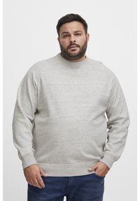 Man met een baard, gekleed in een lichtgrijze sweatshirt en blauwe jeans, staand met één hand in zijn zak tegen een effen witte achtergrond.