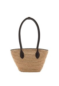 Torebka z plecionego słomy z czarnymi akcentami z syntetycznej skóry, o zwężającym się kształcie i dwoma długimi uchwytami do noszenia. Całość w neutralnym beżowym kolorze.