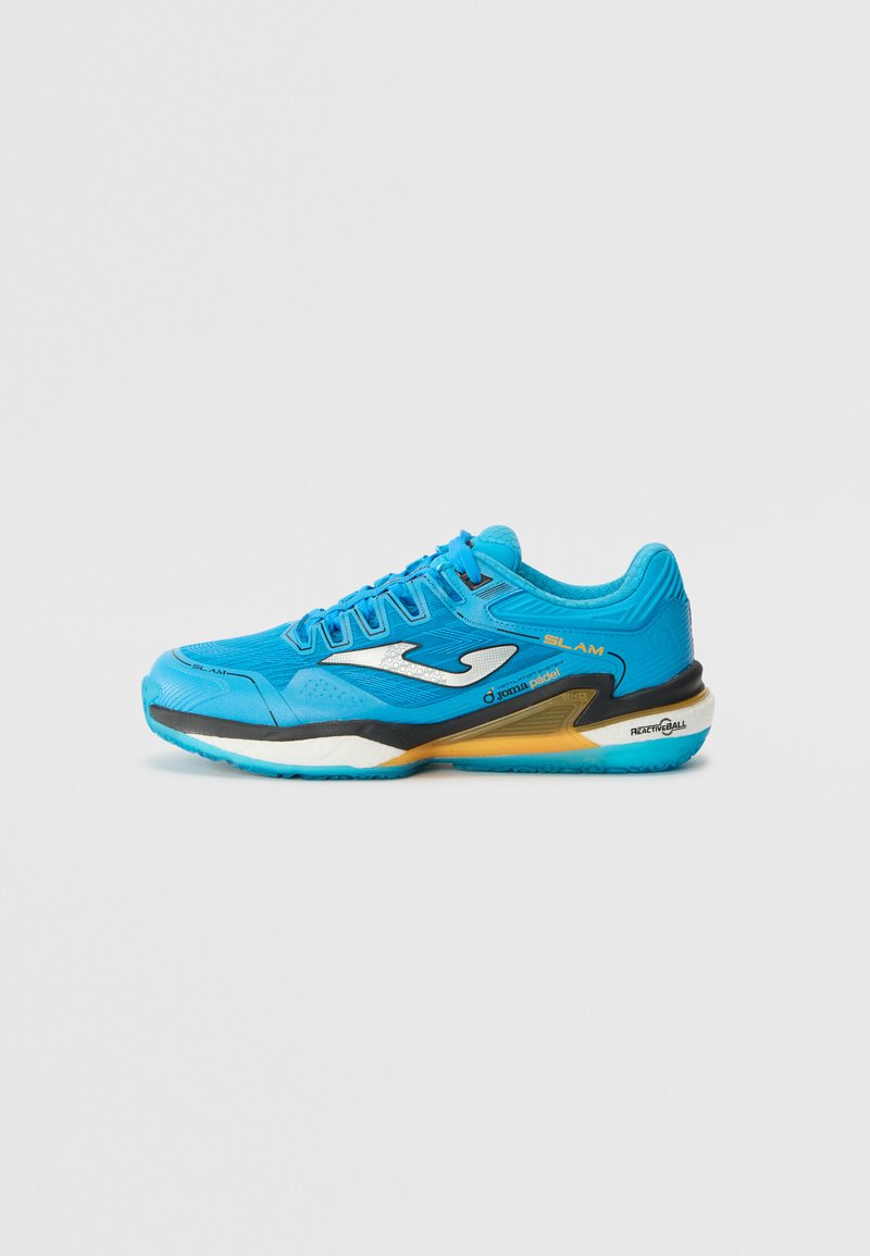 Blue athletic shoe with a textured mesh upper, intricate design, and a black and gold sole. Features laces and a cushioned collar.