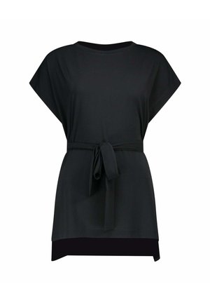 Zwarte tuniek met korte mouwen, een ronde halslijn en een bijpassende stoffen riem gestrikt in de taille, met een losse pasvorm en rechte zoom.