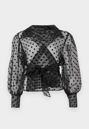 Black sheer blouse with polka dot pattern, belted waist, long puff sleeves, and classic collar. Lightweight fabric with a soft texture.