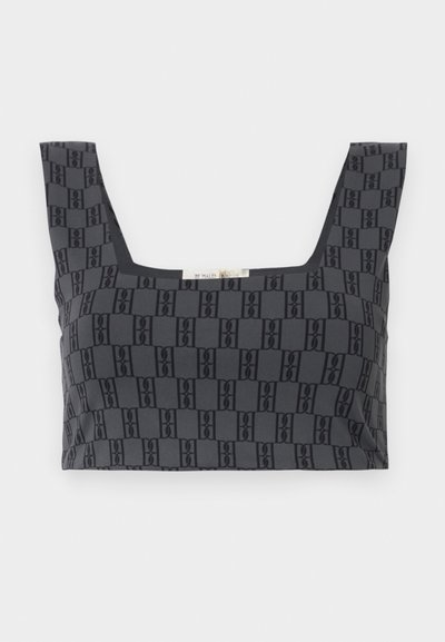 Black cropped top featuring a square neckline and a repeating textured pattern. Made from a smooth material with a fitted design.