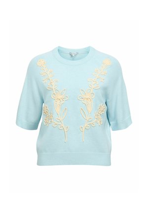 Haut léger bleu clair à manches courtes en maille avec broderie florale crème sur le devant et poignets et ourlet côtelés.