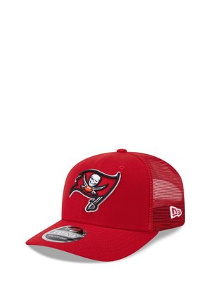 Red mesh baseball cap with a skull and crossed swords logo holding a football on front panel, New Era logo on side.
