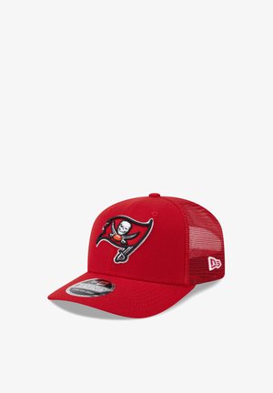 Red mesh baseball cap with a skull and crossed swords logo holding a football on front panel, New Era logo on side.