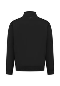 Zwarte sweatshirt met een hoge kraag, ribgebreide manchetten en zoom. Glad textuur met een minimalistisch design, voorzien van een klein logo detail aan de achterkant.