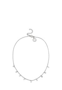 Collana in argento con piccoli pendenti circolari piatti e chiusura regolabile. Presenta un design delicato con una consistenza sottile.