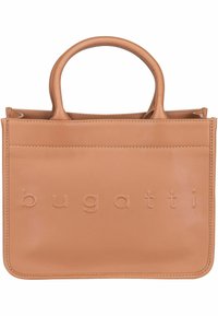 Sac à main en cuir tan avec des poignées arrondies, logo embossé "bugatti" à l'avant, forme rectangulaire, texture lisse, design minimaliste.