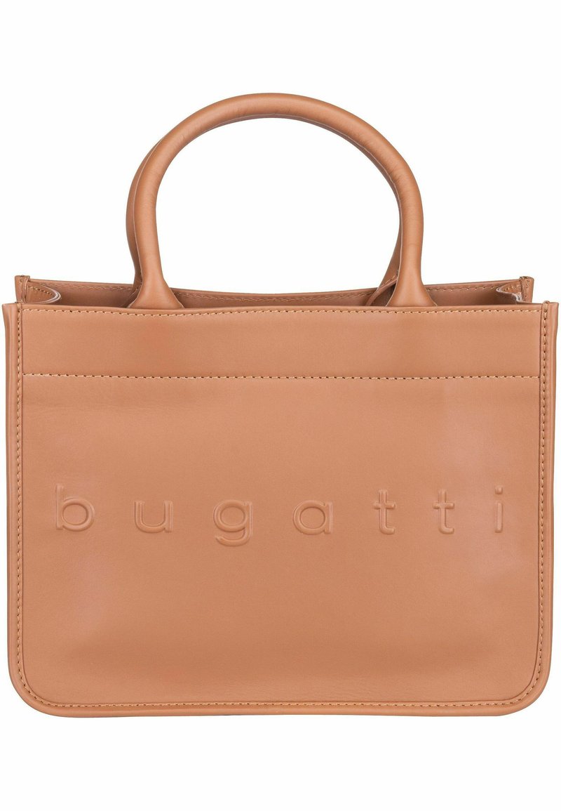 Sac à main en cuir tan avec des poignées arrondies, logo embossé "bugatti" à l'avant, forme rectangulaire, texture lisse, design minimaliste.