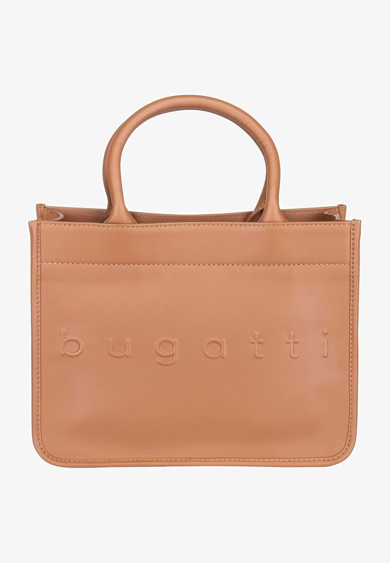 Tan lederen handtas met ronde handvatten, geperst logo "bugatti" op de voorkant, rechthoekige vorm, gladde textuur, minimalistisch ontwerp.