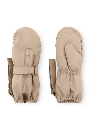 Moufles imperméables beiges avec des poignets élastiques et des sangles ajustables. Texture lisse avec une forme arrondie ; sans logos ni motifs visibles.