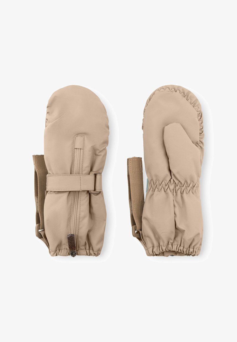 Beige wasserdichte Handschuhe mit elastischen Bündchen und verstellbaren Riemen. Glatte Textur mit runder Form; keine sichtbaren Logos oder Muster.