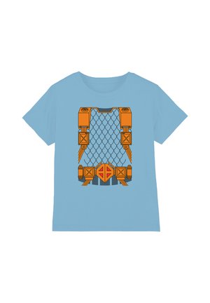 Light blue t-shirt with an orange and gray graphic of a robotic chest plate featuring mechanical joints and a scale-like pattern.