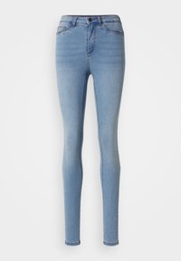 Jeans skinny de color azul claro, hechos de denim suave, con cintura alta, diseño clásico de cinco bolsillos y detalles de costura minimalistas.