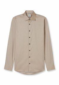 Beige long-sleeve shirt with a subtle textured pattern, black buttons, a classic collar, and a curved hem design.